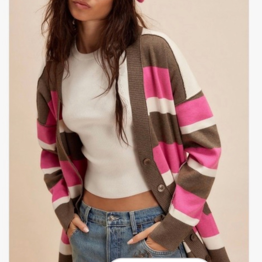 FREE PEOPLE LEAGUE OF HER OWN  MID LENGTH CARDIGAN OS PINK WHITE BROWN
